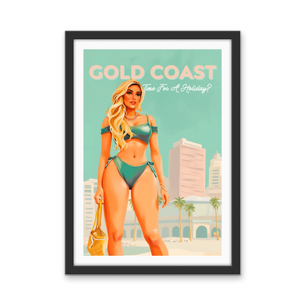 Gold Coast Vintage Girl 2 - Travel Print on Paper Or Canvas - I Heart Wall Art - Poster Print, Canvas Print or Framed Art Print