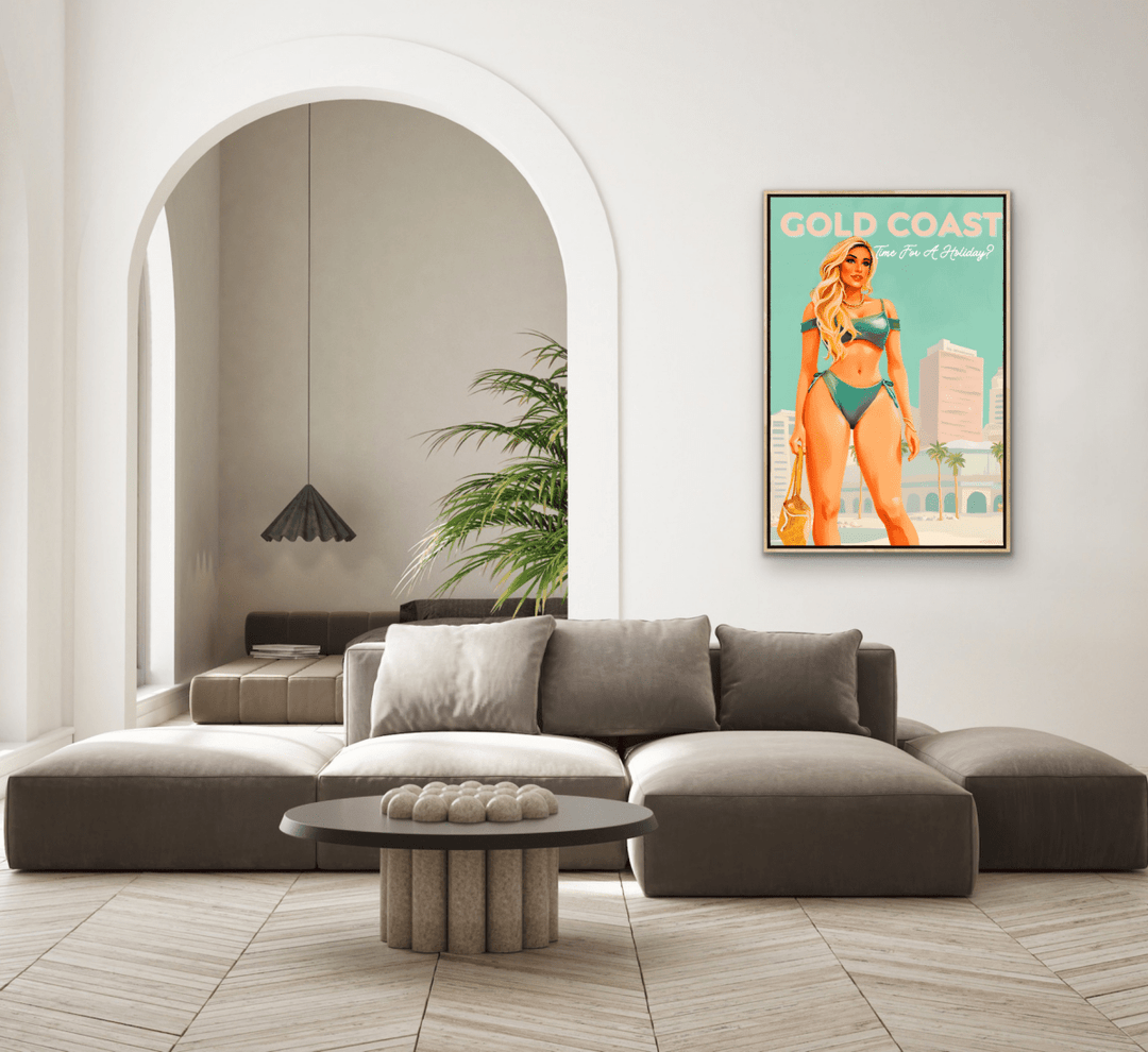 Gold Coast Vintage Girl 2 - Travel Print on Paper Or Canvas - I Heart Wall Art - Poster Print, Canvas Print or Framed Art Print