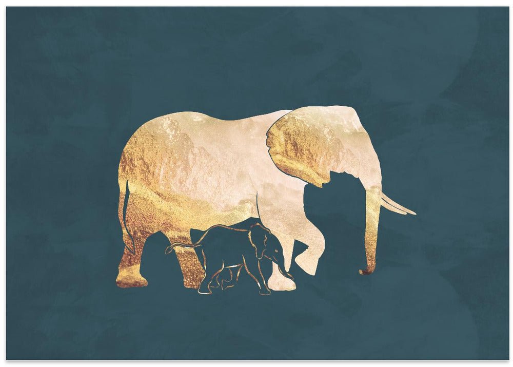 Gold Elephants Turquoise - Stretched Canvas, Poster or Fine Art Print - I Heart Wall Art - Poster Print, Canvas Print or Framed Art Print