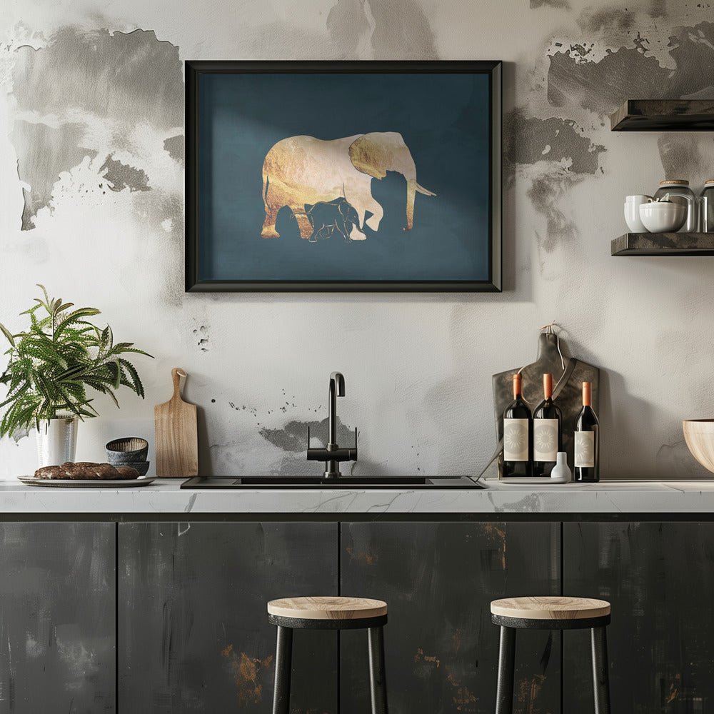 Gold Elephants Turquoise - Stretched Canvas, Poster or Fine Art Print - I Heart Wall Art - Poster Print, Canvas Print or Framed Art Print