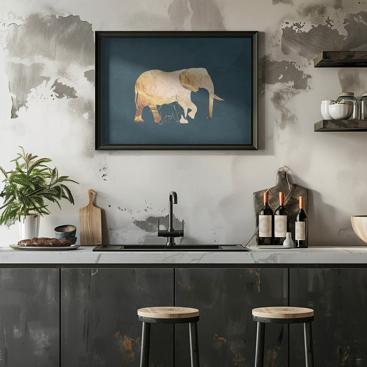 Gold Elephants Turquoise - Stretched Canvas, Poster or Fine Art Print - I Heart Wall Art - Poster Print, Canvas Print or Framed Art Print