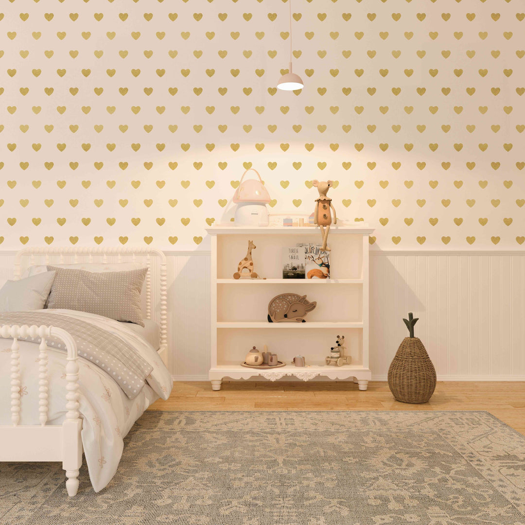 Gold Glitter-Look Loveheart Wallpaper - Quality Peel and Stick Adhesive