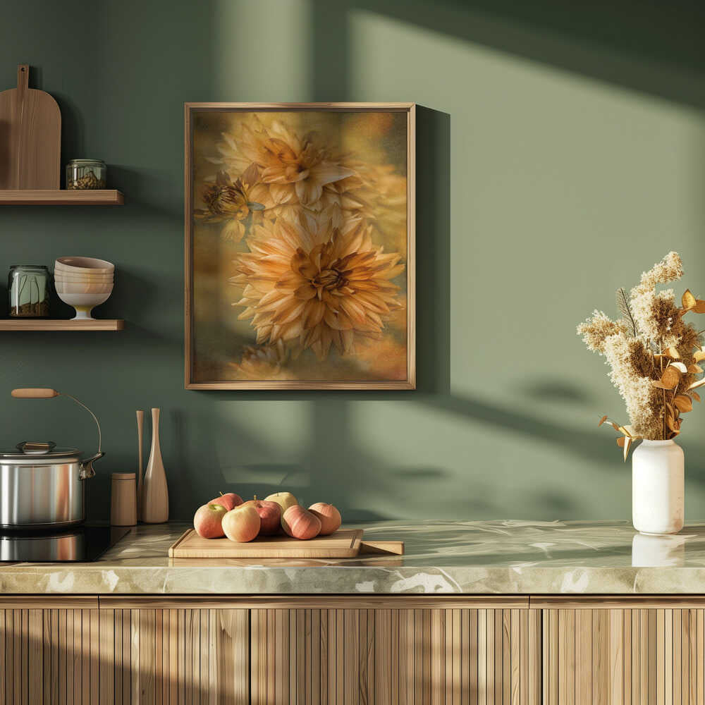 Golden Autumn Dahlias - Floral Photographic Stretched Canvas Poster or Fine Art Print