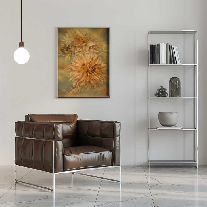 Golden Autumn Dahlias - Floral Photographic Stretched Canvas Poster or Fine Art Print