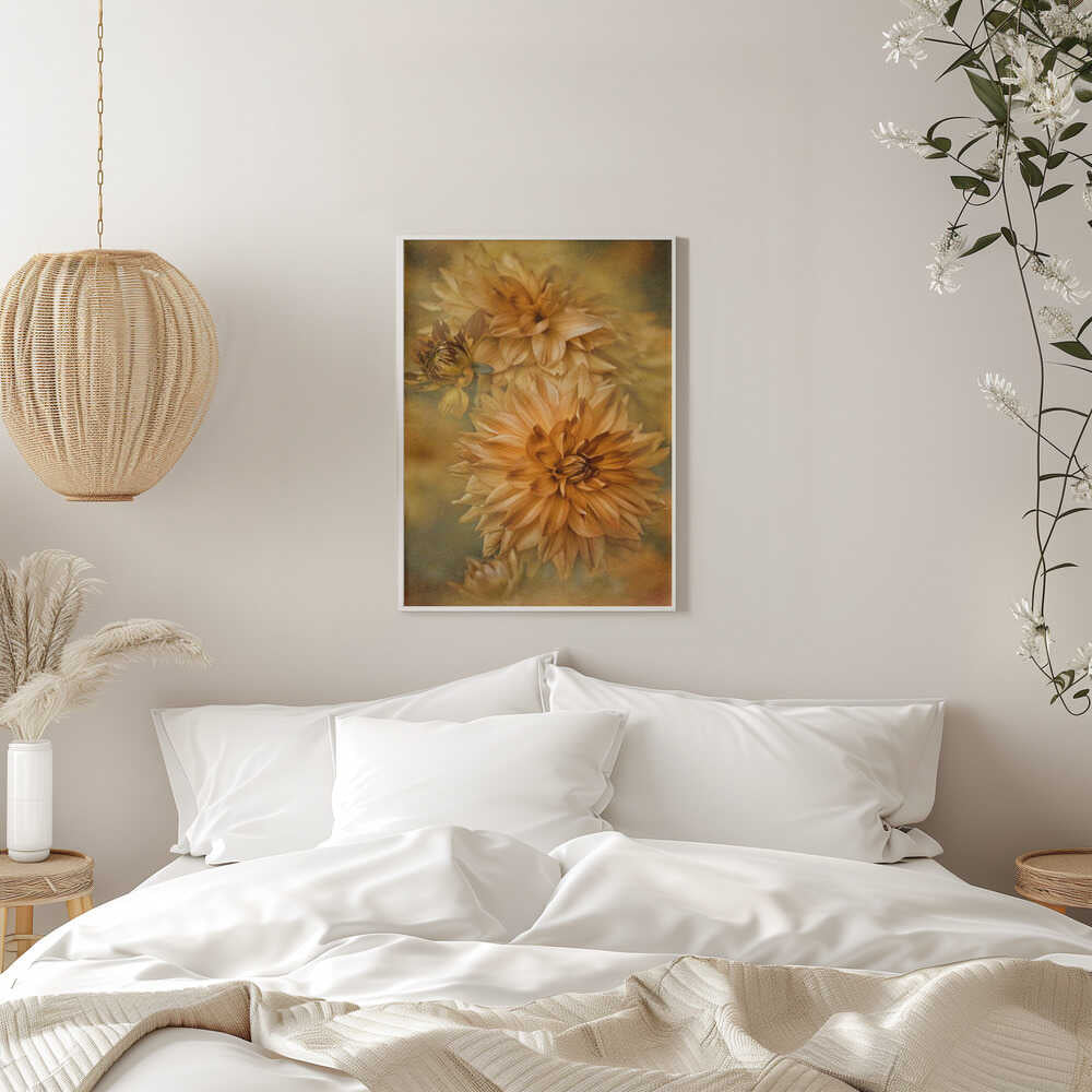Golden Autumn Dahlias - Floral Photographic Stretched Canvas Poster or Fine Art Print