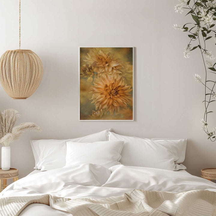 Golden Autumn Dahlias - Floral Photographic Stretched Canvas Poster or Fine Art Print