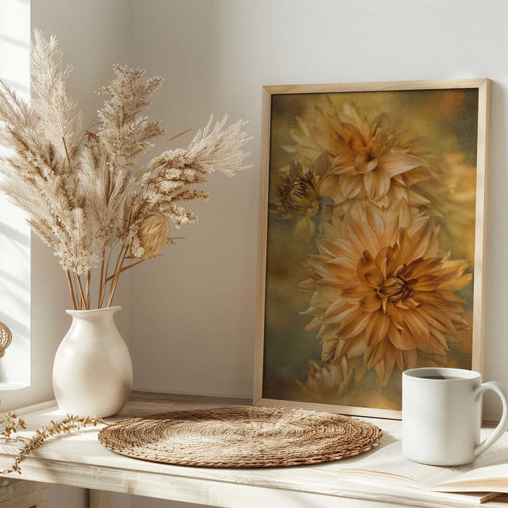 Golden Autumn Dahlias - Floral Photographic Stretched Canvas Poster or Fine Art Print