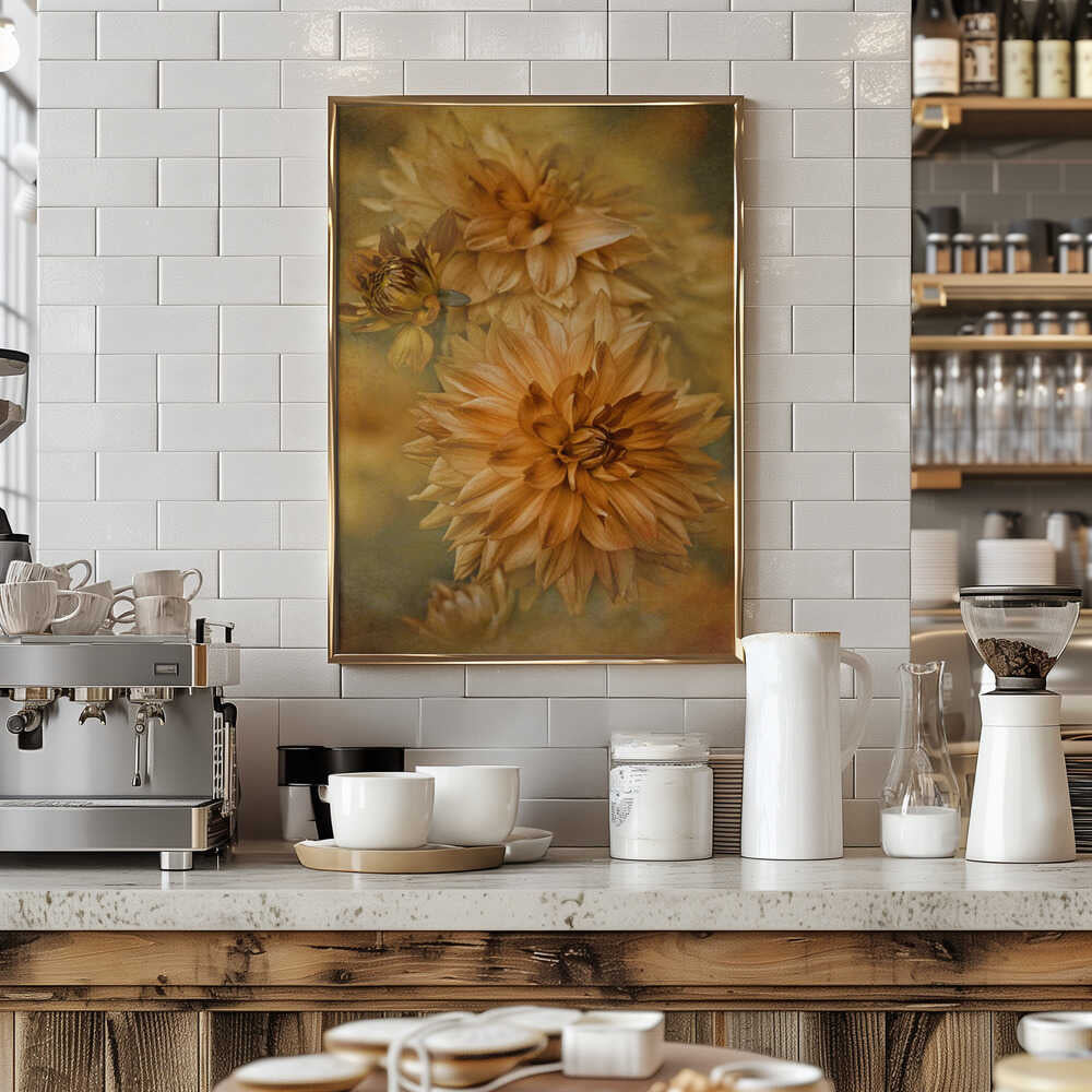 Golden Autumn Dahlias - Floral Photographic Stretched Canvas Poster or Fine Art Print