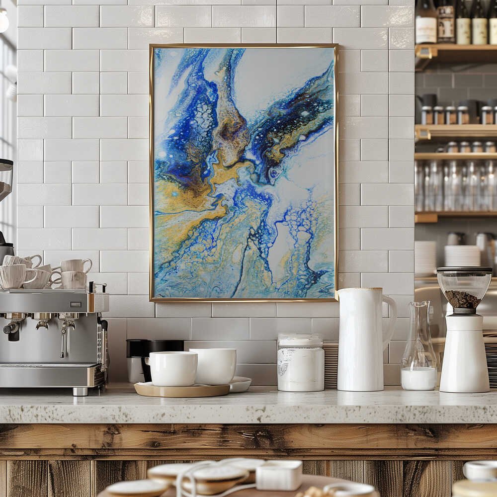 Golden Blue Flow - Stretched Canvas, Poster or Fine Art Print - I Heart Wall Art - Poster Print, Canvas Print or Framed Art Print