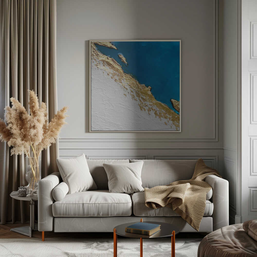 Golden Coastal Relief Map - Square Stretched Canvas, Poster or Fine Art Print - I Heart Wall Art - Poster Print, Canvas Print or Framed Art Print