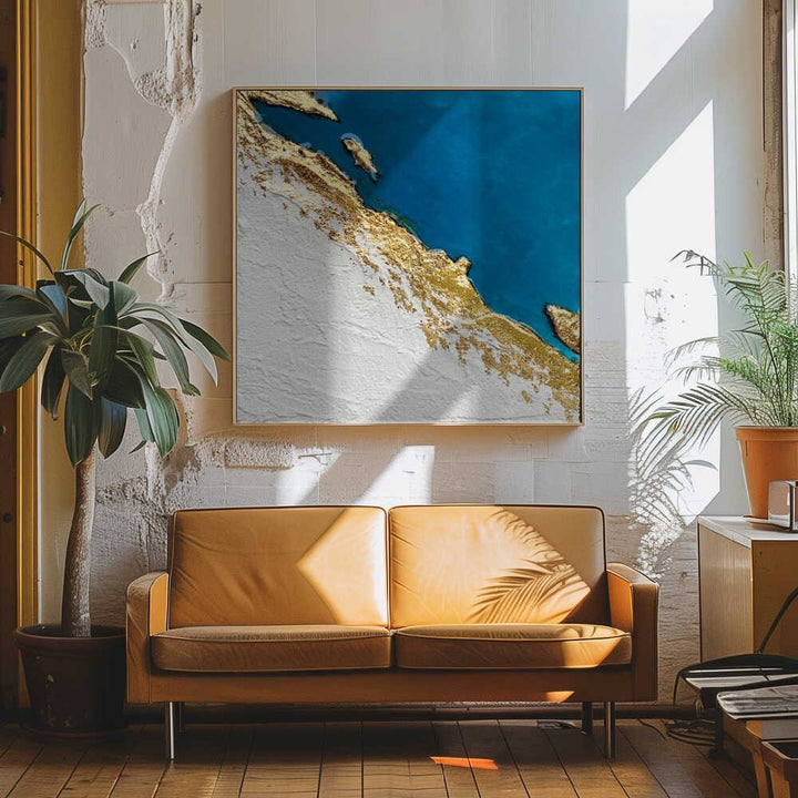 Golden Coastal Relief Map - Square Stretched Canvas, Poster or Fine Art Print - I Heart Wall Art - Poster Print, Canvas Print or Framed Art Print