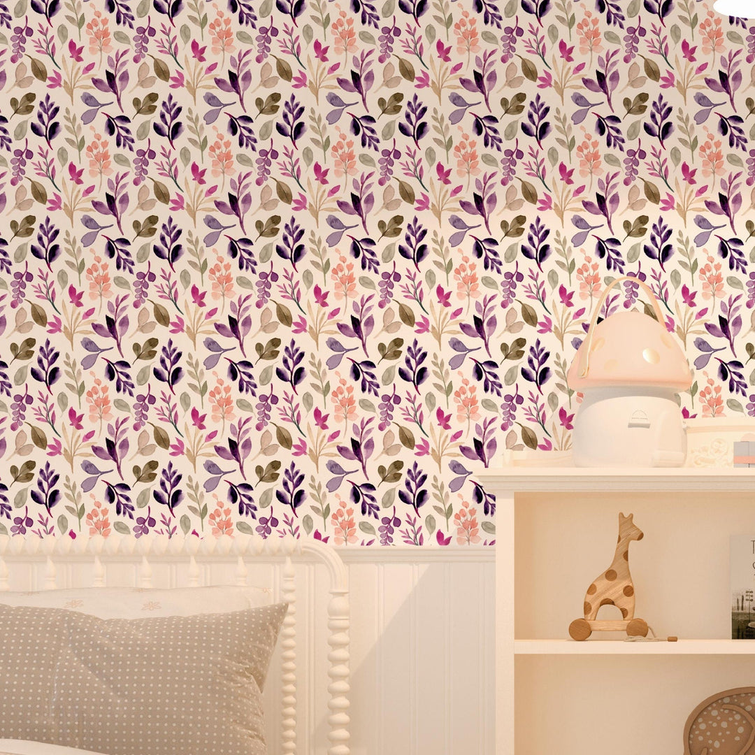 Bedroom with floral wallpaper, bed, and shelf with decorative items.