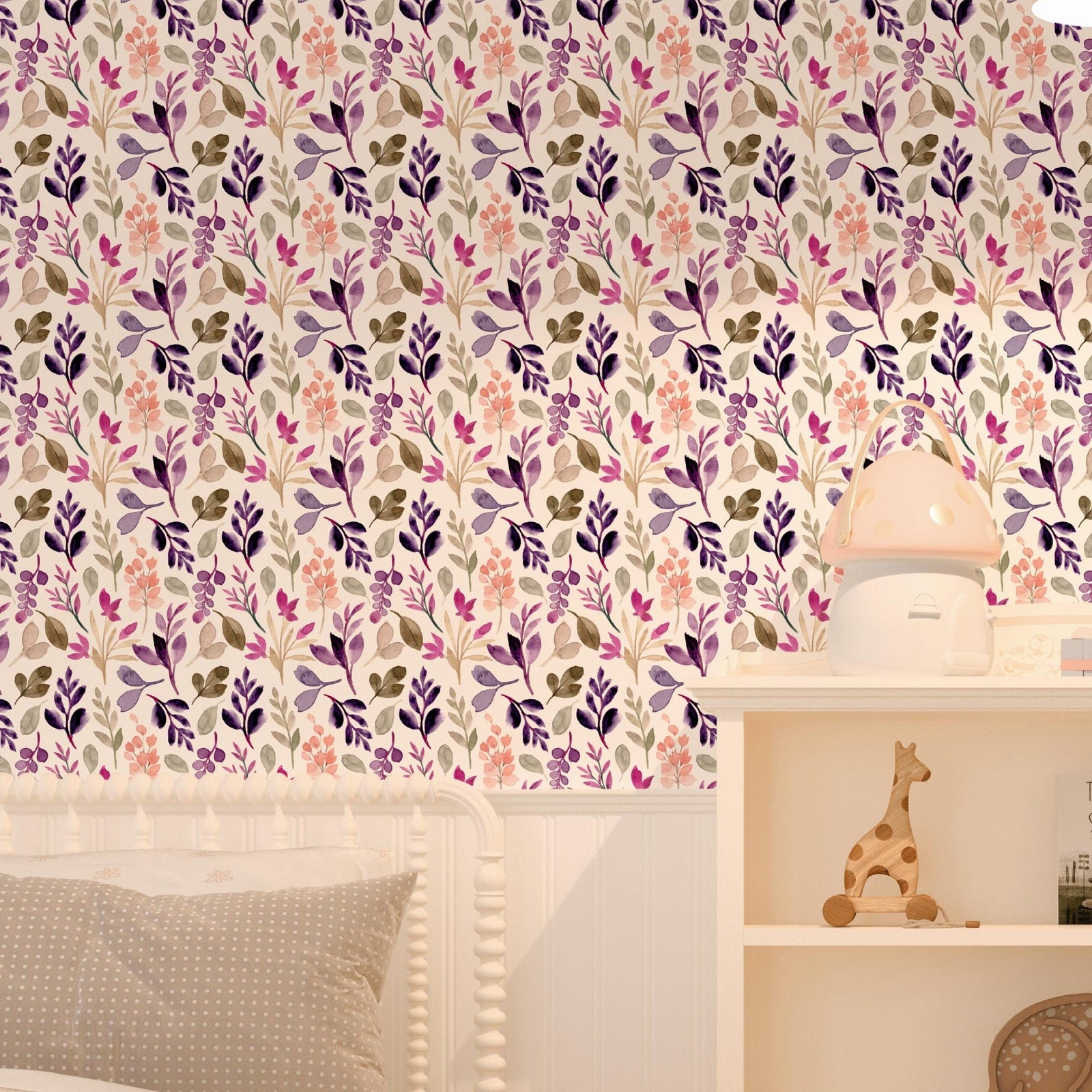 Bedroom with floral wallpaper, bed, and shelf with decorative items.
