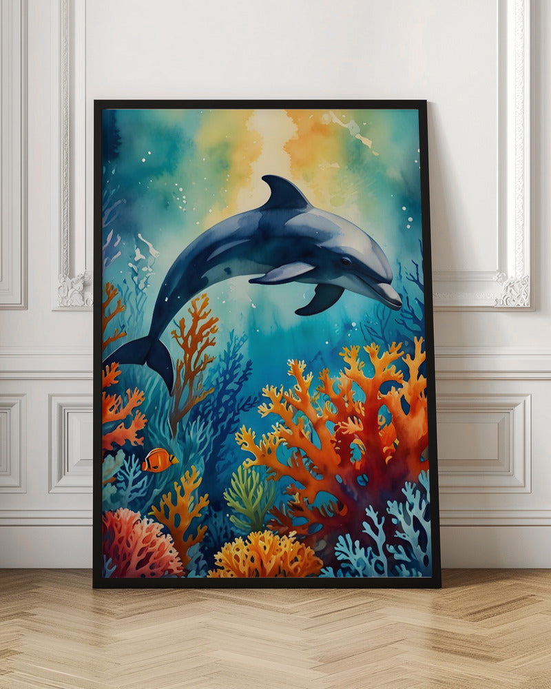 Graceful Dolphin In Coral Paradise - Stretched Canvas, Poster or Fine Art Print I Heart Wall Art