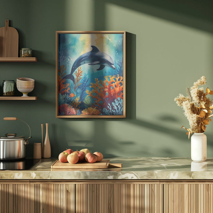 Graceful Dolphin In Coral Paradise - Stretched Canvas, Poster or Fine Art Print I Heart Wall Art