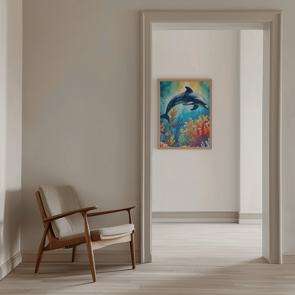 Graceful Dolphin In Coral Paradise - Stretched Canvas, Poster or Fine Art Print I Heart Wall Art