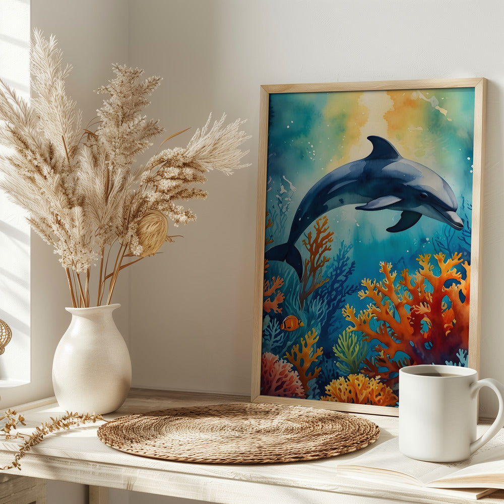 Graceful Dolphin In Coral Paradise - Stretched Canvas, Poster or Fine Art Print I Heart Wall Art