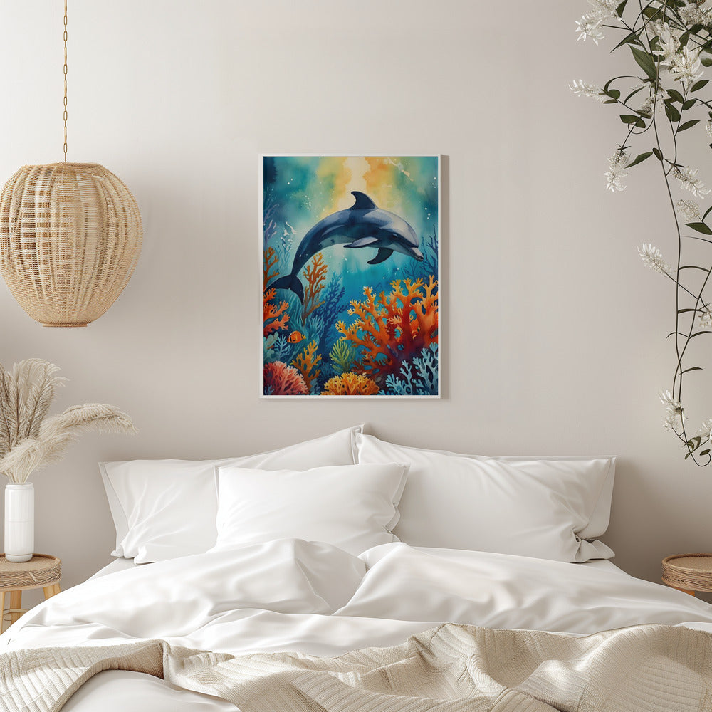 Graceful Dolphin In Coral Paradise - Stretched Canvas, Poster or Fine Art Print I Heart Wall Art