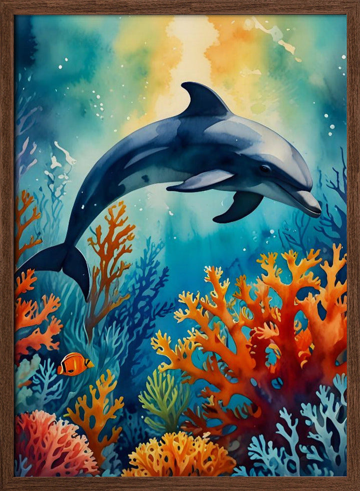 Graceful Dolphin In Coral Paradise - Stretched Canvas, Poster or Fine Art Print I Heart Wall Art