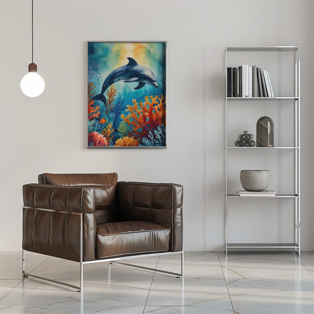 Graceful Dolphin In Coral Paradise - Stretched Canvas, Poster or Fine Art Print I Heart Wall Art