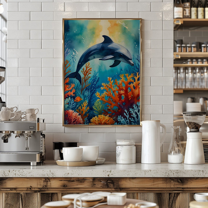 Graceful Dolphin In Coral Paradise - Stretched Canvas, Poster or Fine Art Print I Heart Wall Art