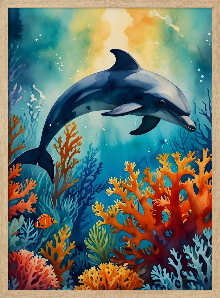 Graceful Dolphin In Coral Paradise - Stretched Canvas, Poster or Fine Art Print I Heart Wall Art