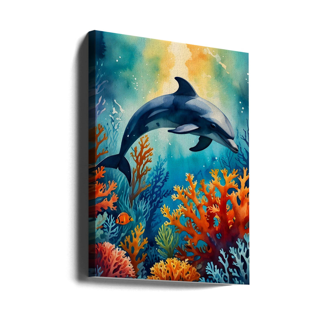 Graceful Dolphin In Coral Paradise - Stretched Canvas, Poster or Fine Art Print I Heart Wall Art
