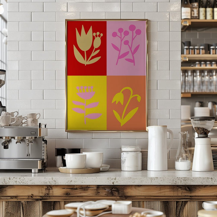 Graphic Florals collage red - Stretched Canvas, Poster or Fine Art Print - I Heart Wall Art - Poster Print, Canvas Print or Framed Art Print