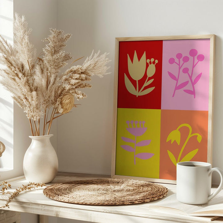 Graphic Florals collage red - Stretched Canvas, Poster or Fine Art Print - I Heart Wall Art - Poster Print, Canvas Print or Framed Art Print