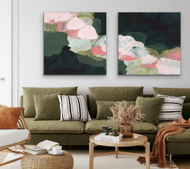 Grass is Greener - Two Piece Square Abstract Green and Pink Print Set - I Heart Wall Art