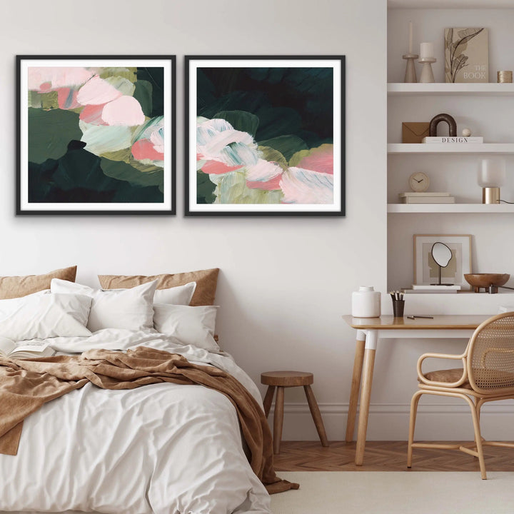 Grass is Greener - Two Piece Square Abstract Green and Pink Print Set - I Heart Wall Art