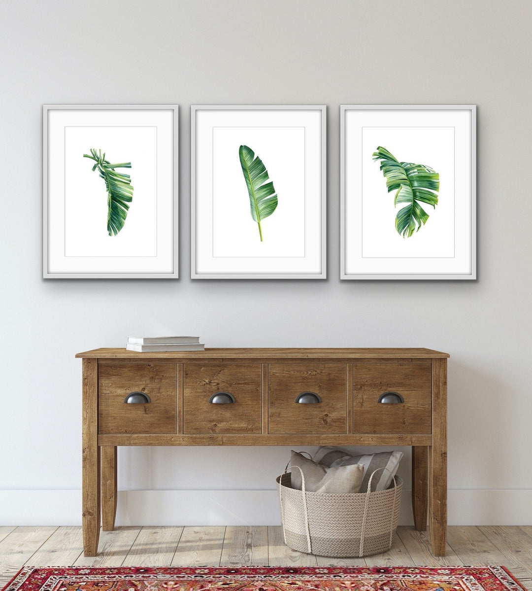 Green Banana Palm Trio - Three Piece Tropical Banana Palm Leaf Print Set Triptych - I Heart Wall Art