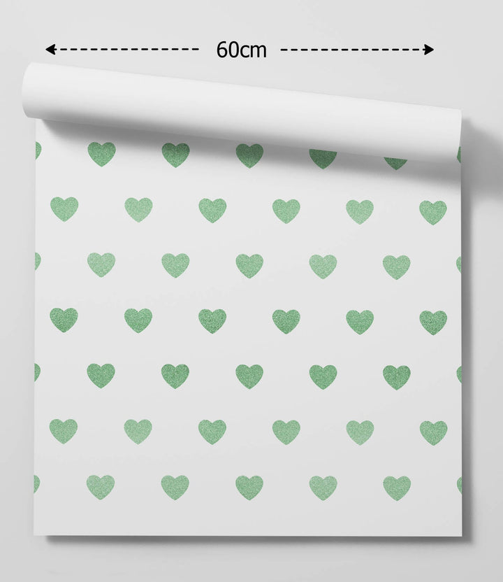 Green Glitter-Look Loveheart Wallpaper - Quality Peel and Stick Adhesive