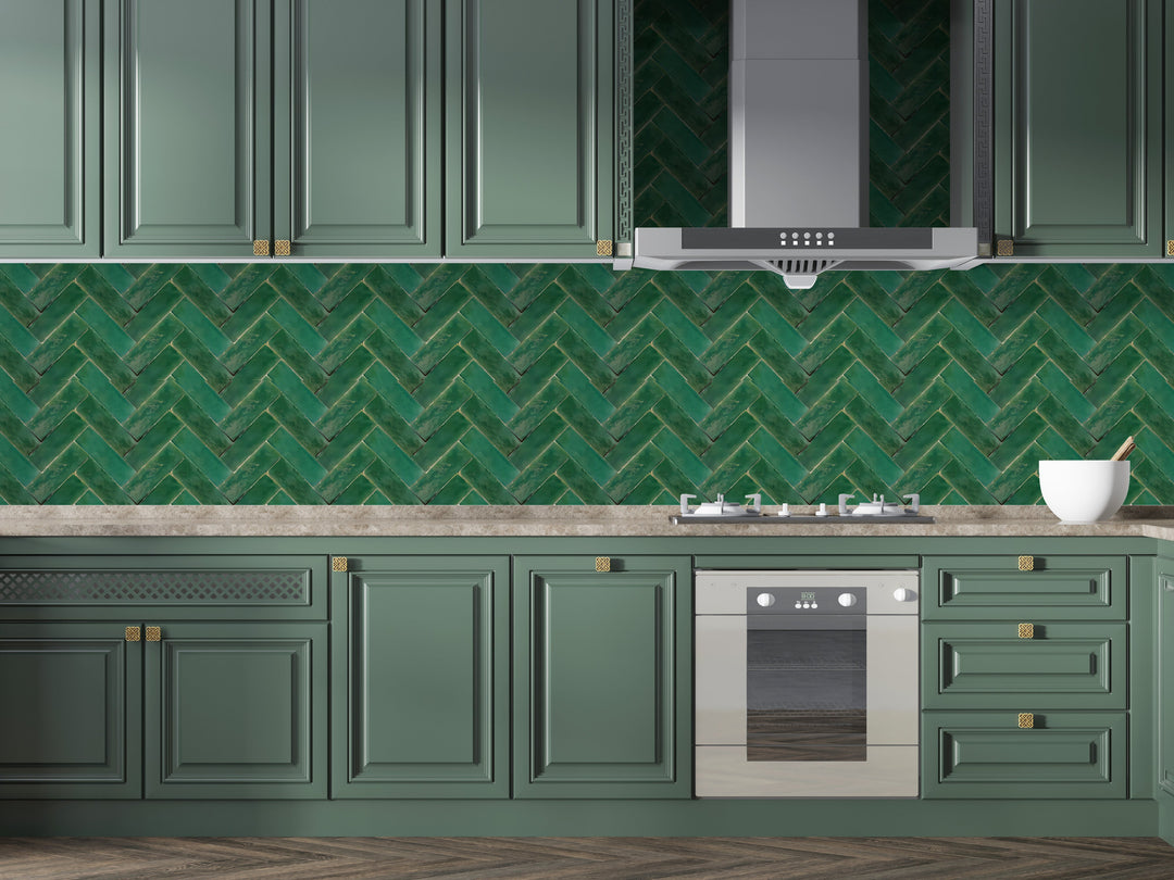 Green Herringbone Tile Wallpaper