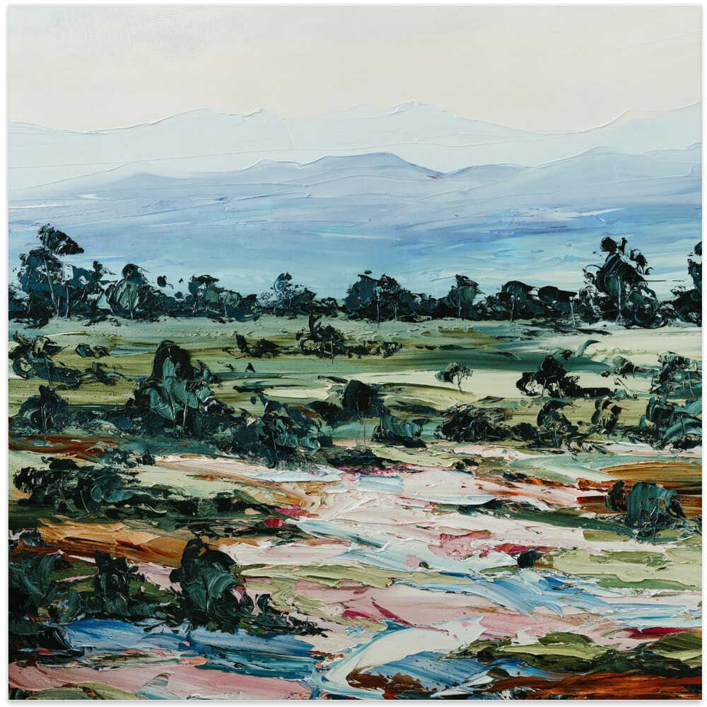Green pastures by Angela Hawkey - Australian Landscape Square Stretched Canvas, Poster or Fine Art Print by Angela Hawkey - I Heart Wall Art - Poster Print, Canvas Print or Framed Art Print