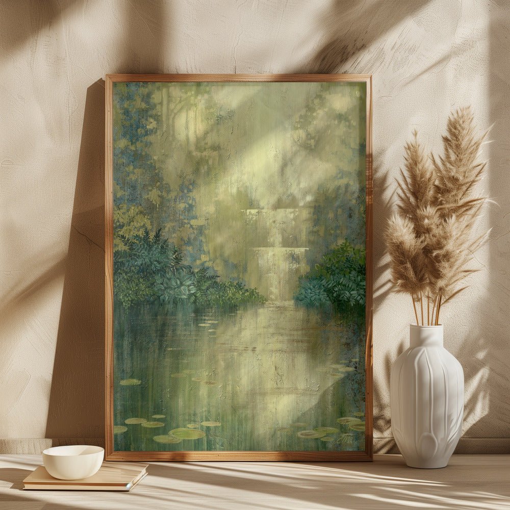 Green Pond By The Waterfall - Square Stretched Canvas, Poster or Fine Art Print - I Heart Wall Art - Poster Print, Canvas Print or Framed Art Print