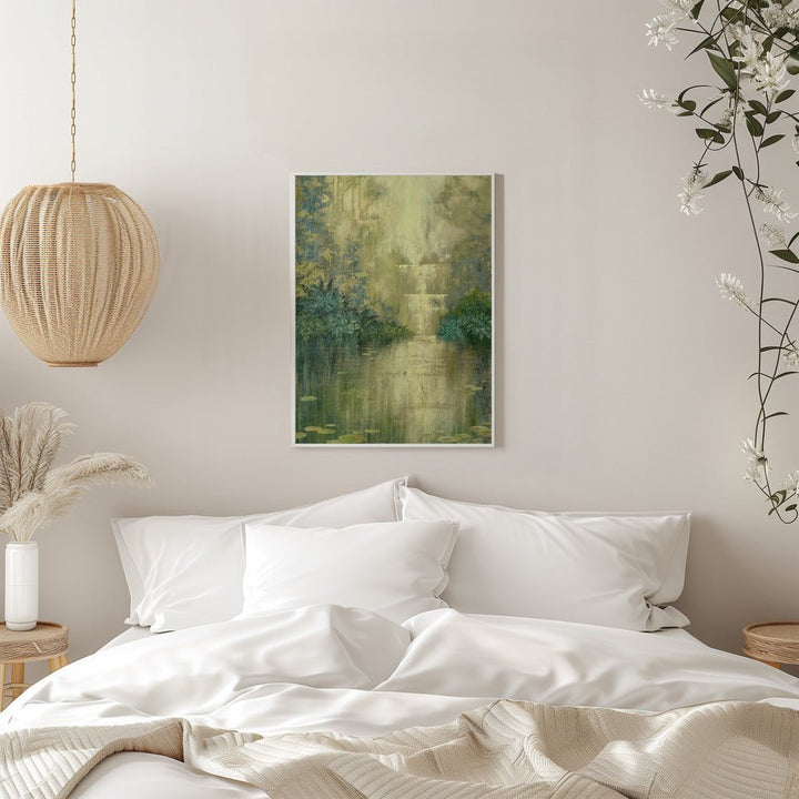 Green Pond By The Waterfall - Stretched Canvas, Poster or Fine Art Print - I Heart Wall Art - Poster Print, Canvas Print or Framed Art Print
