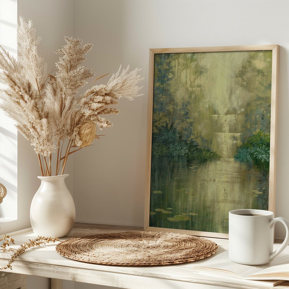 Green Pond By The Waterfall - Stretched Canvas, Poster or Fine Art Print - I Heart Wall Art - Poster Print, Canvas Print or Framed Art Print