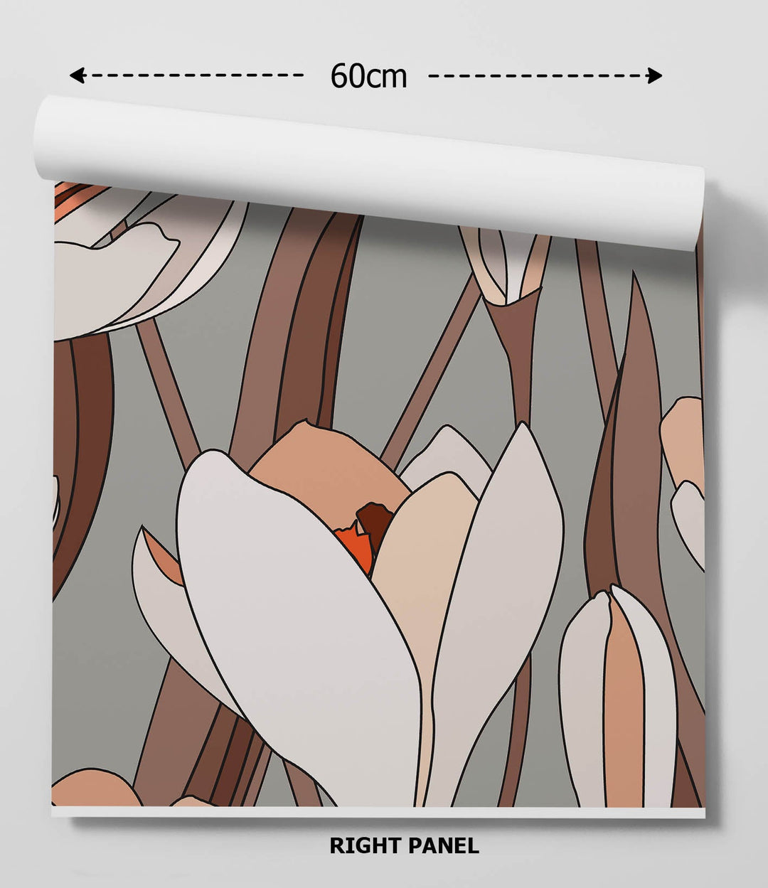 A rolled-up grow wild wallpaper panel with modern white and beige floral design on a muted grey background