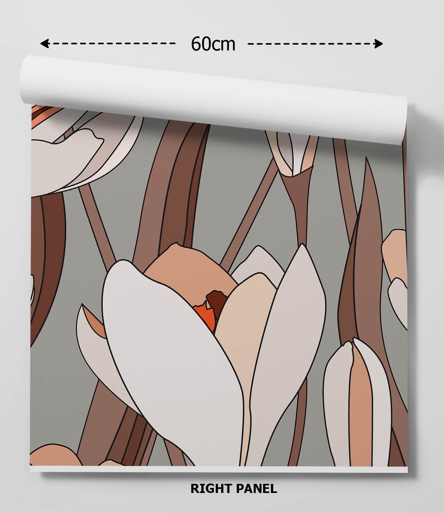 A rolled-up grow wild wallpaper panel with modern white and beige floral design on a muted grey background