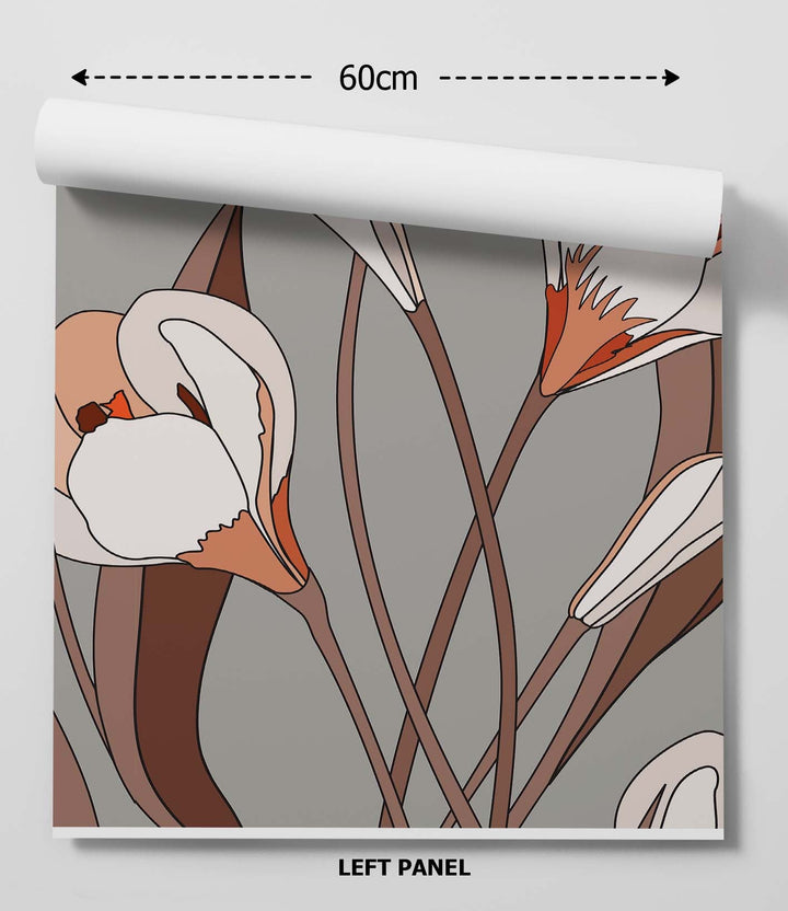 A roll of grow wild wallpaper grey floral peel and stick removable wallpaper with white and peach blossoms on gray background