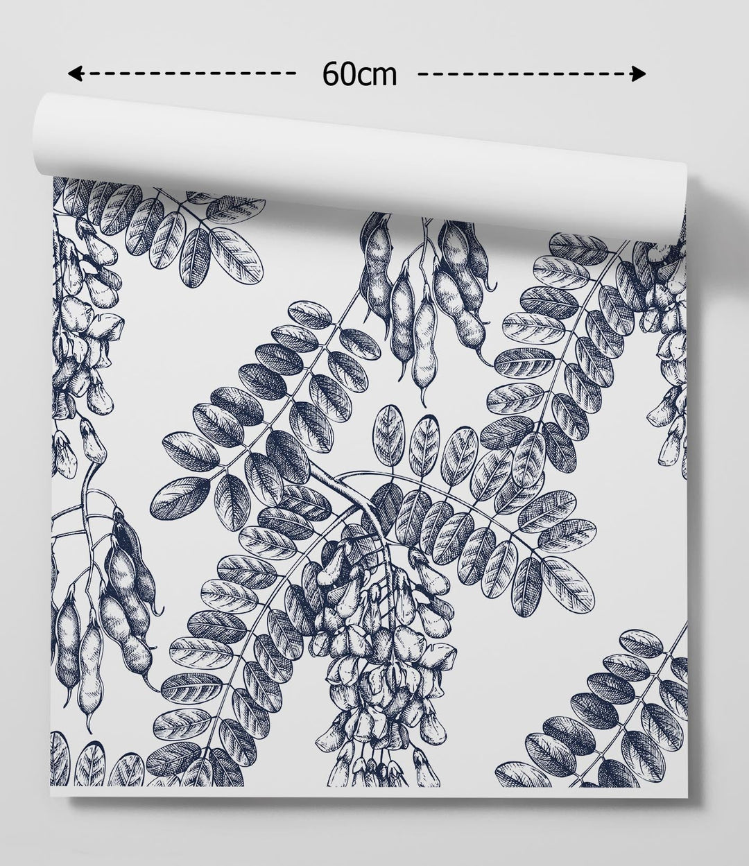 A roll of white wallpaper with black ink wisteria vines and pods in hamptons bloom classic coastal navy blue design