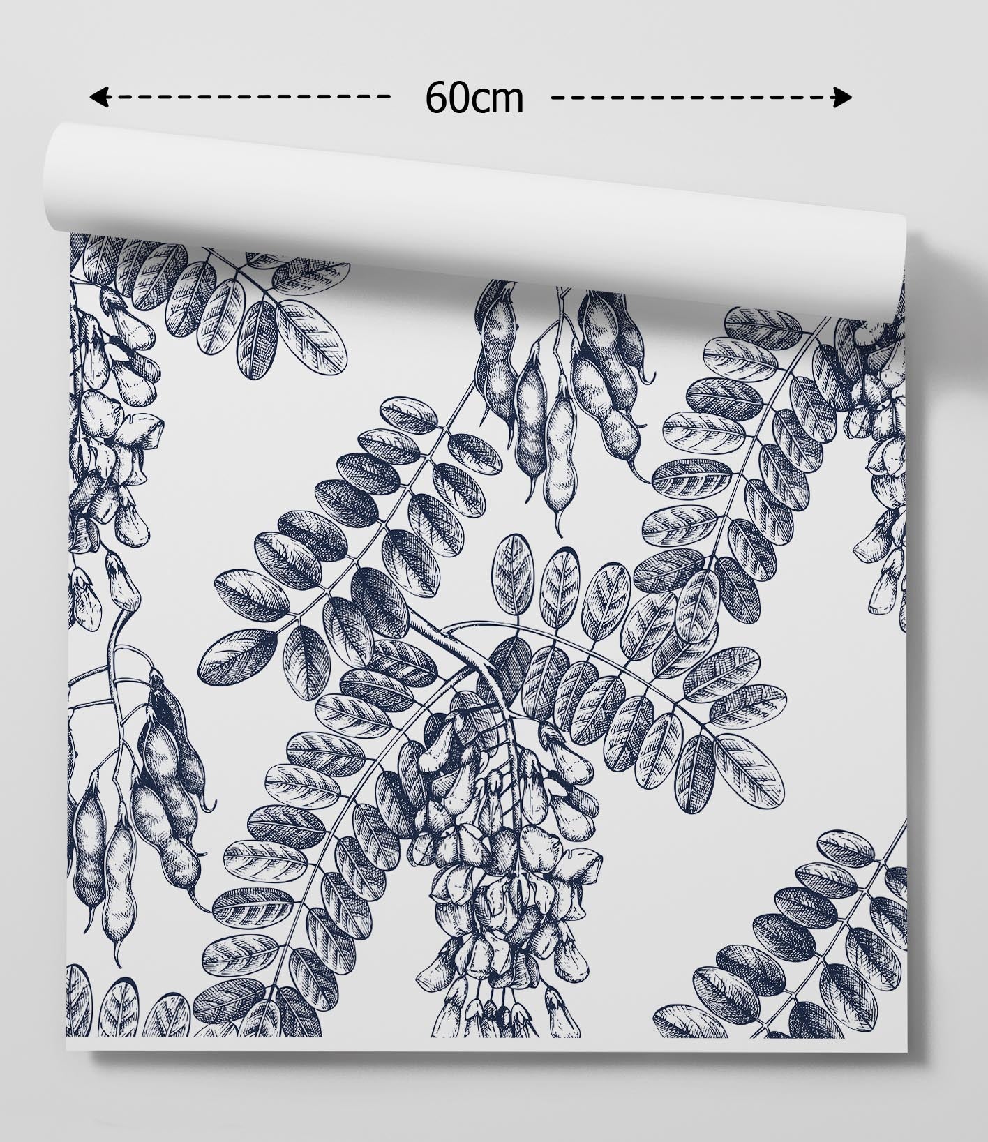 A roll of white wallpaper with black ink wisteria vines and pods in hamptons bloom classic coastal navy blue design