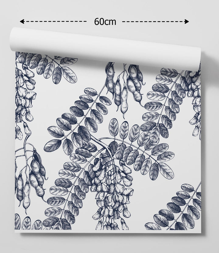 A roll of white wallpaper with black ink wisteria vines and pods in hamptons bloom classic coastal navy blue design