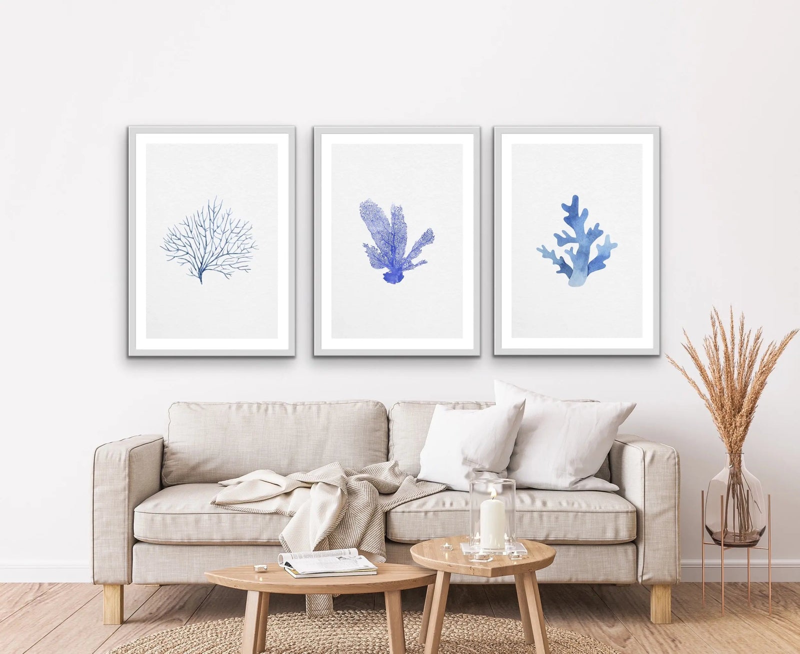 Hamptons Blue Coral Seaside Wall Art Prints - Three Piece Art Print Triptych - I Heart Wall Art