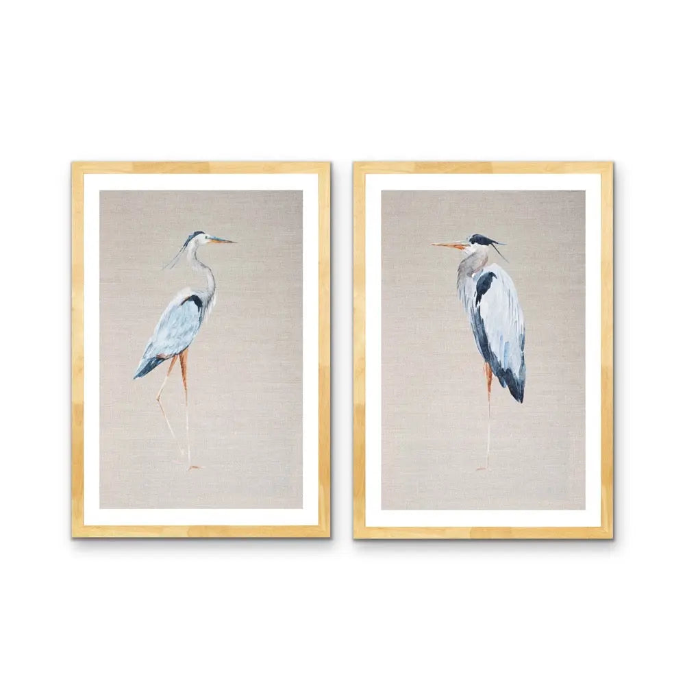 Hamptons Blue Heron On Linen - Two Piece Hamptons Wall Art Set on Canvas or Paper Diptych I Heart Wall Art Australia 