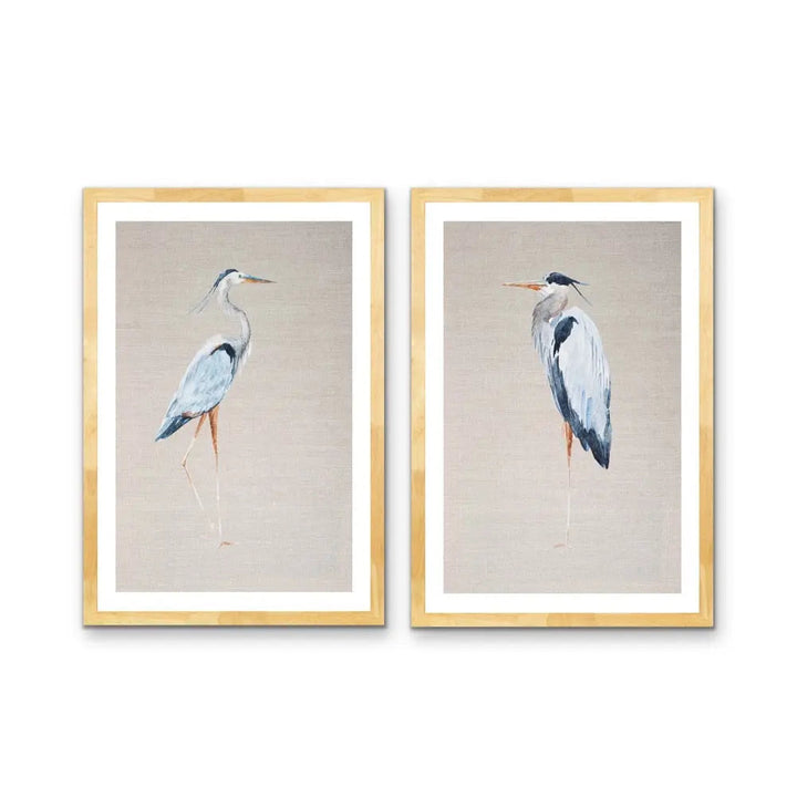 Hamptons Blue Heron On Linen - Two Piece Hamptons Wall Art Set on Canvas or Paper Diptych I Heart Wall Art Australia 