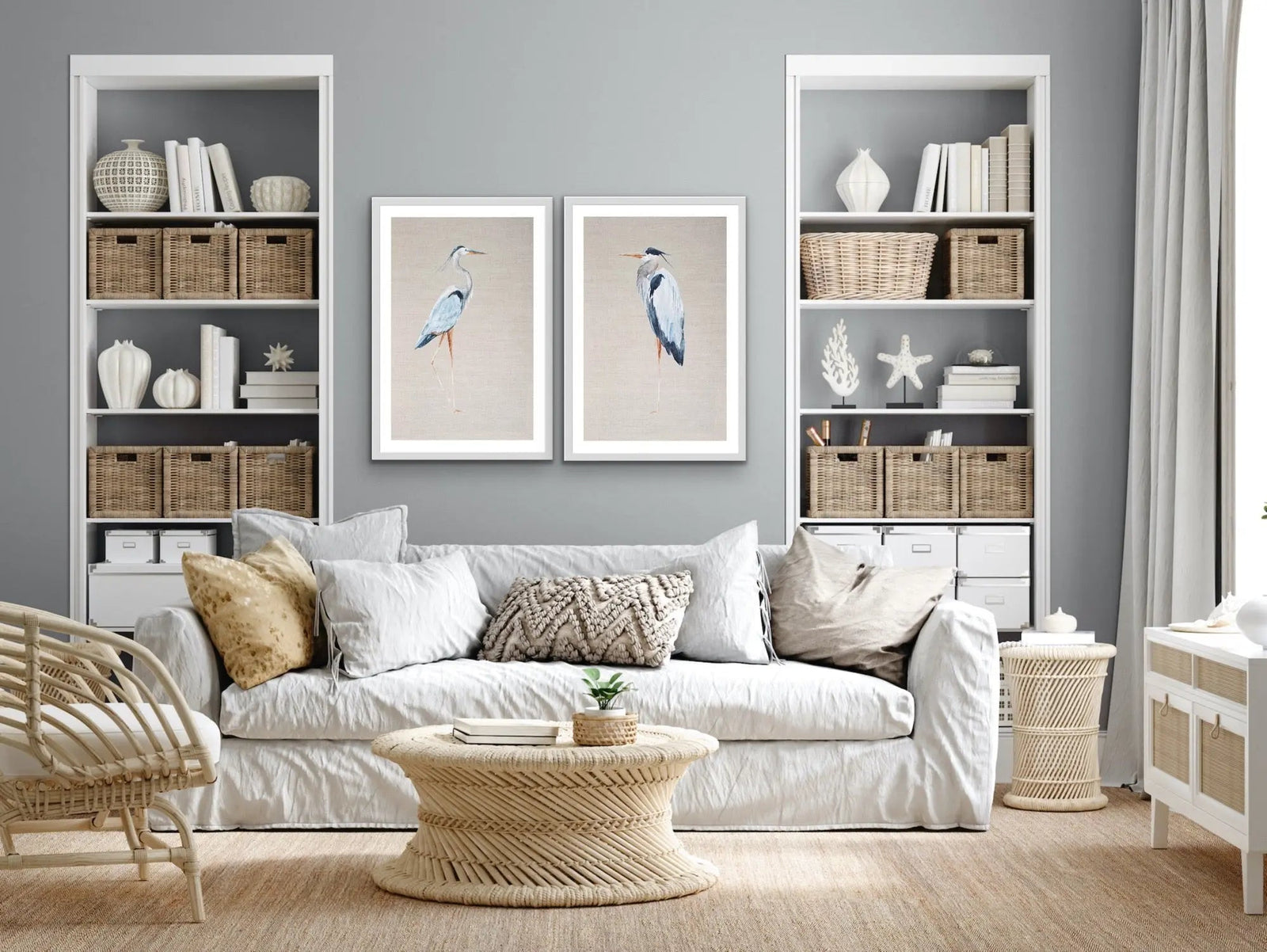 Hamptons Blue Heron On Linen - Two Piece Hamptons Wall Art Set on Canvas or Paper Diptych I Heart Wall Art Australia 