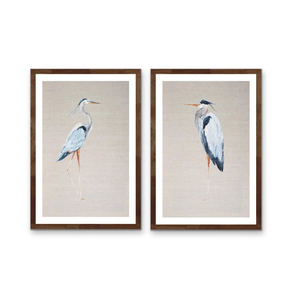 Hamptons Blue Heron On Linen - Two Piece Hamptons Wall Art Set on Canvas or Paper Diptych I Heart Wall Art Australia 