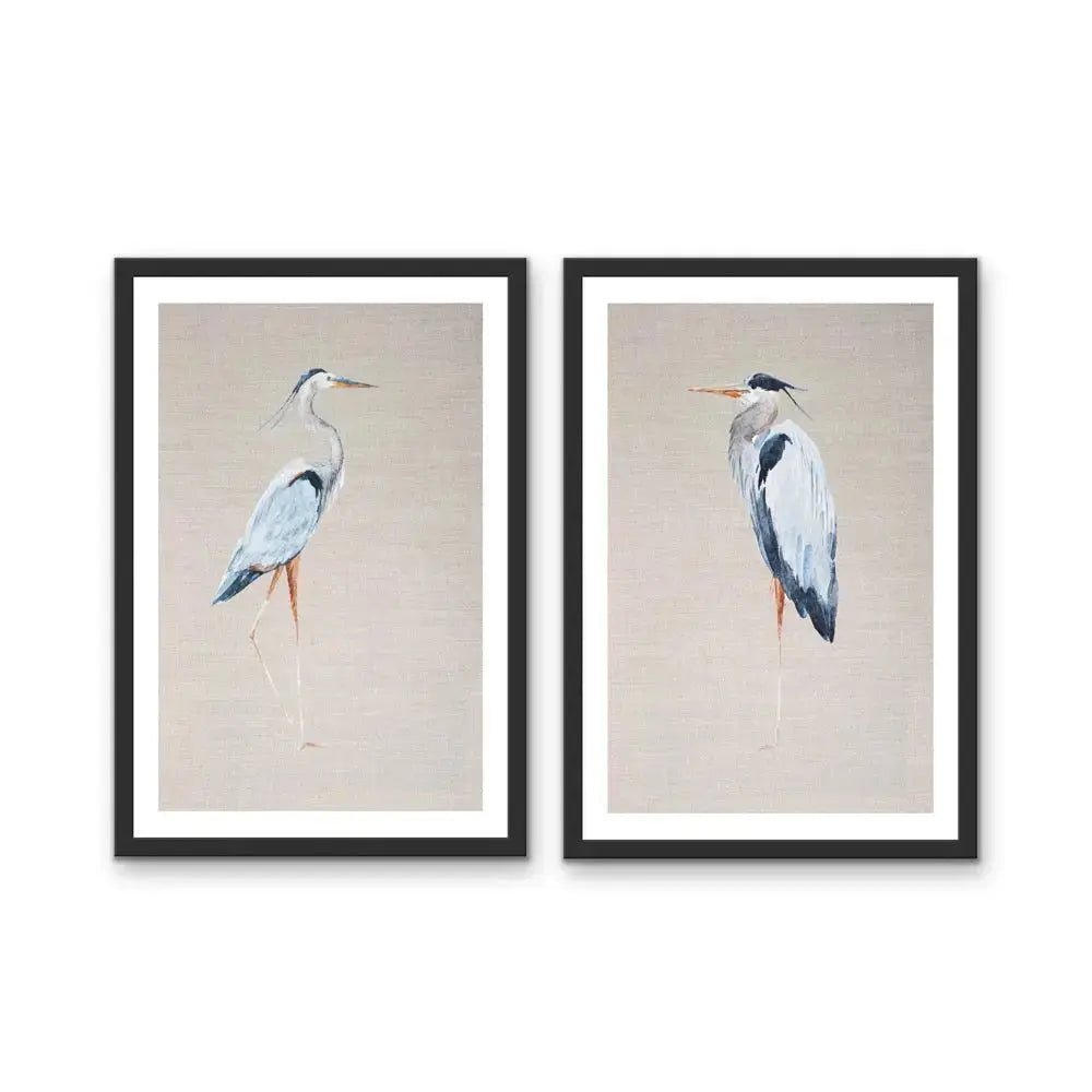 Hamptons Blue Heron On Linen - Two Piece Hamptons Wall Art Set on Canvas or Paper - I Heart Wall Art - Poster Print, Canvas Print or Framed Art Print